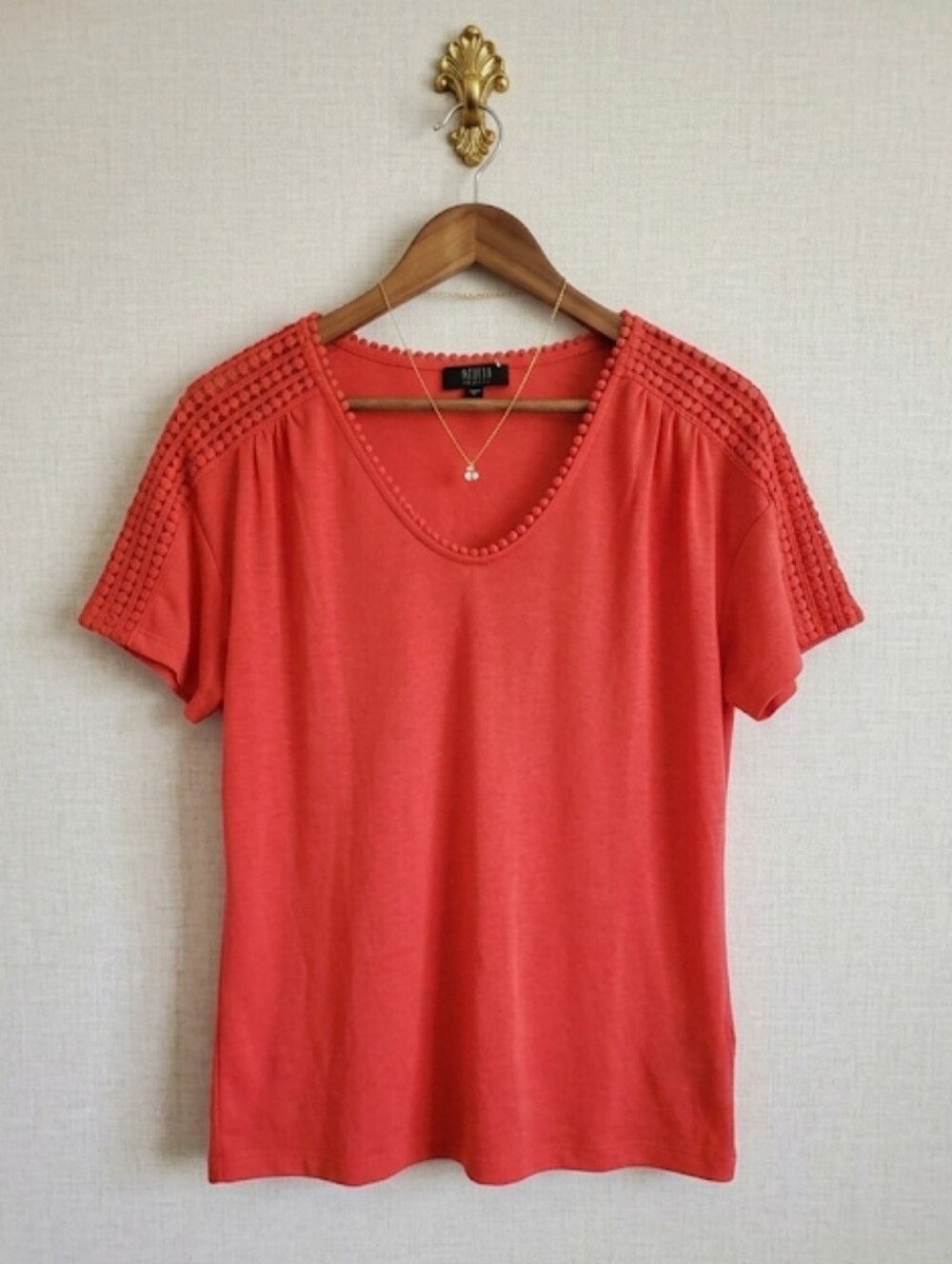 Modern Canvas Red Pom Pom Neck Top Large